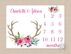 Milestone Blanket Deer Antler Girl  Pink Flowers Monthly Growth Tracker Floral Deer Boho Newborn Baby Girl Floral Baby Shower Gift B380