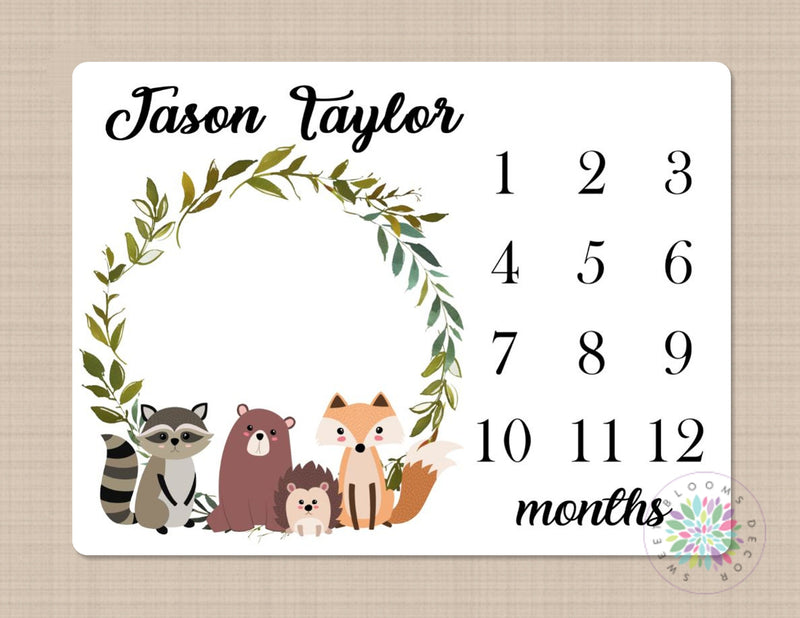 Woodland Milestone Blanket Boy Monthly Growth Tracker Baby Blanket Forest Trees Fox Bear Raccoon Blanket Bedding Shower Gift Monogram B383