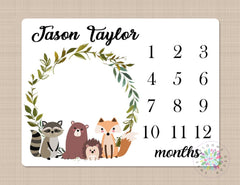 Woodland Milestone Blanket Boy Monthly Growth Tracker Baby Blanket Forest Trees Fox Bear Raccoon Blanket Bedding Shower Gift Monogram B383