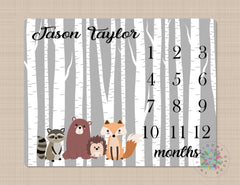 Woodland Milestone Blanket Monthly Growth Tracker Gray Birch Tree Woodland Forest Blanket Newborn Nursery Bedding Baby Boy Shower  Gift B385