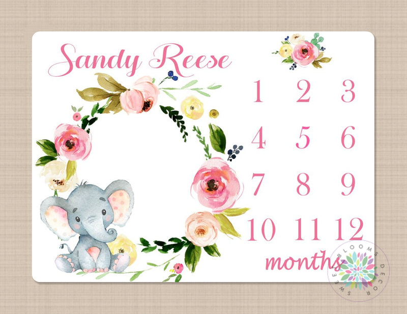 Milestone Blanket Elephant Monthly Blanket Personalized Newborn Baby Girl Blanket Watercolor Floral Wreath Flowers Baby Shower Gift B388