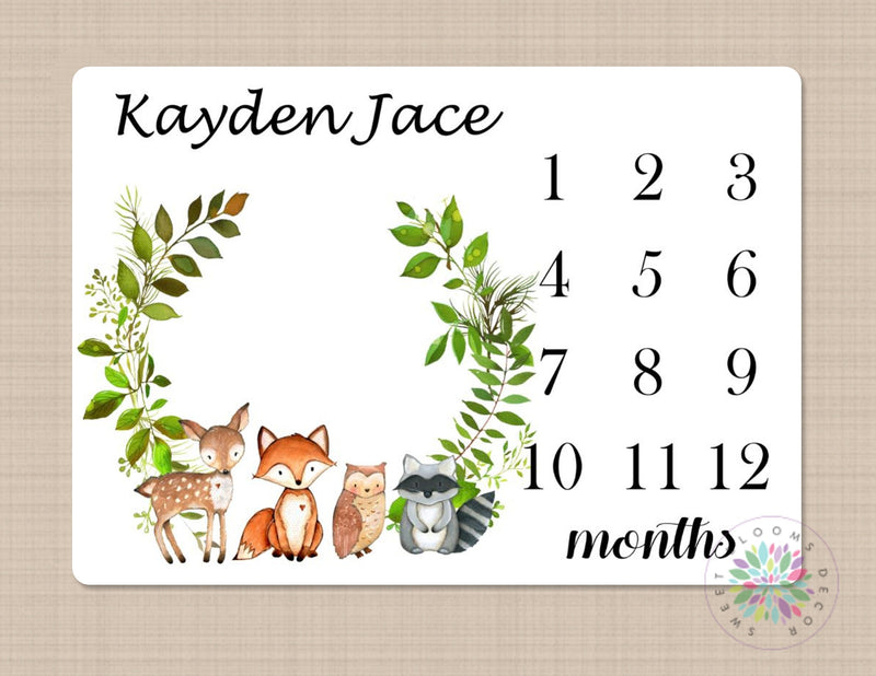 Woodland Milestone Blanket Boy Monthly Blanket Growth Tracker Woodland Forest Animals Blanket Newborn Nursery Bedding Baby Shower Gift B399