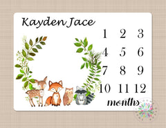 Woodland Milestone Blanket Boy Monthly Blanket Growth Tracker Woodland Forest Animals Blanket Newborn Nursery Bedding Baby Shower Gift B399