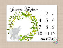 Elephant Milestone Blanket Monthly Blanket Personalized Newborn Baby Boy Green Leaves Wreath Forest Laurel Shower Gifts Growth Tracker B416