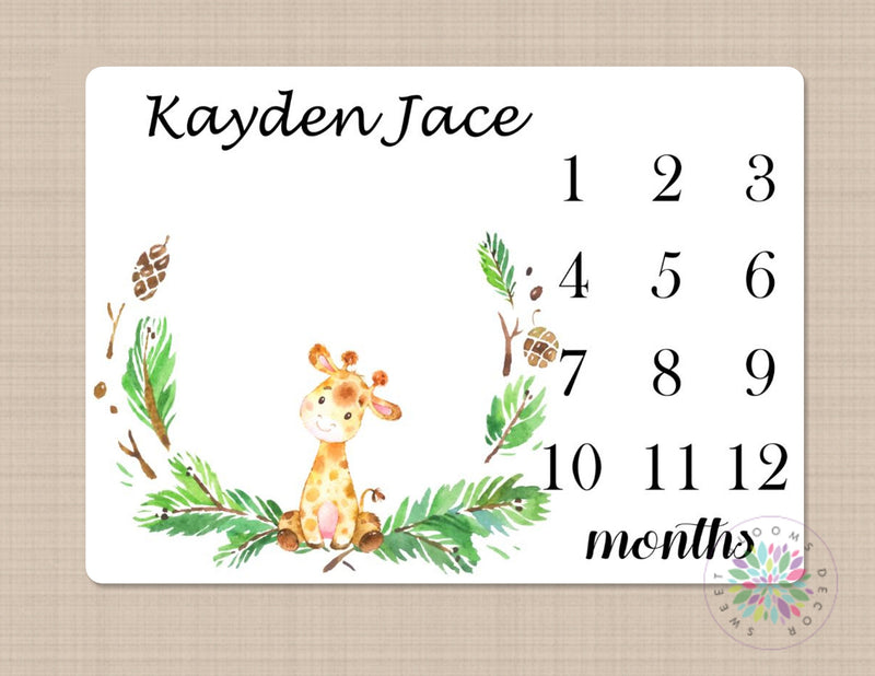 Giraffe Milestone Blanket Monthly Growth Tracker Monthly Baby Blanket Watercolor Wreath Name Boy Nursery Bedding Baby Shower Gift Decor B454