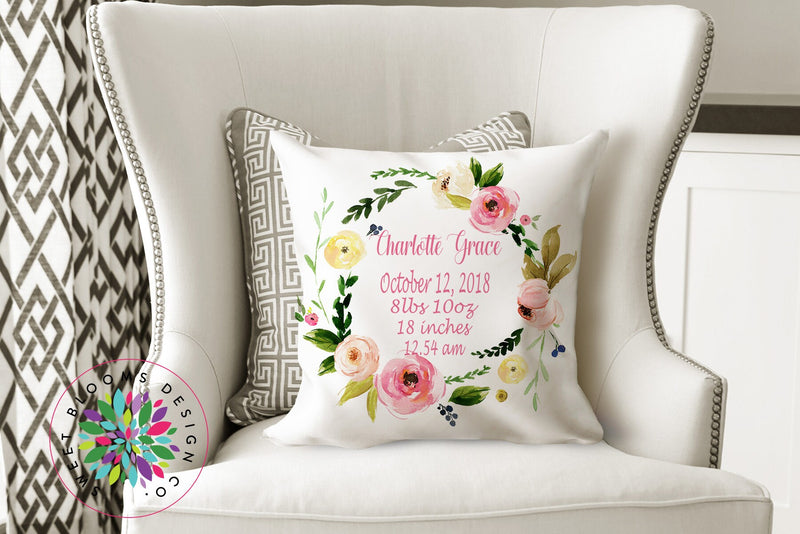 Gilrl Birth Announcement Pillow Personalized Birth Stats Throw Pillow Pink Watercolor Floral Wreath Girl Baby Shower Gift Nursery Decor 148