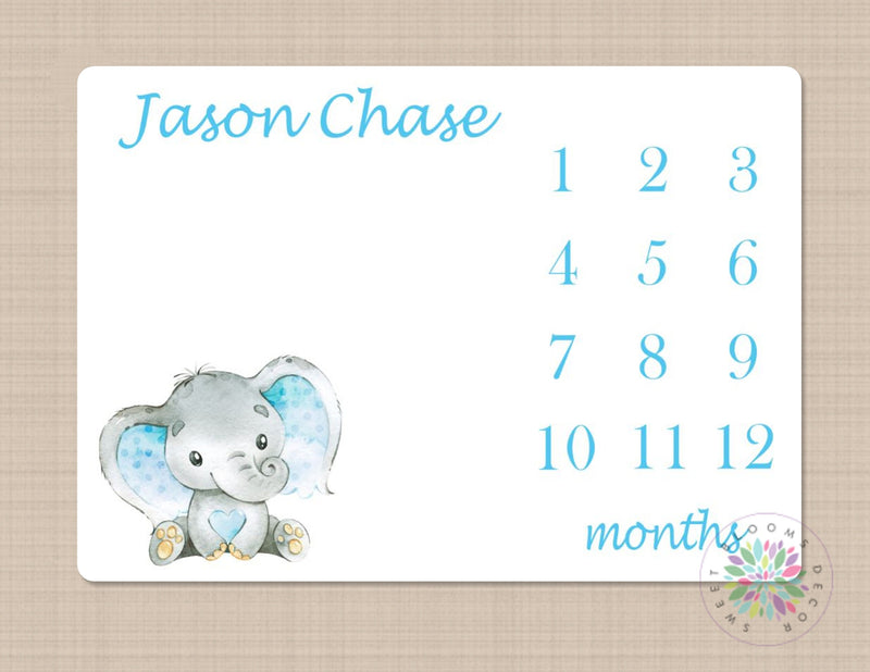 Elephant Milestone Blanket Light Blue Personalized Monthly Baby Boy Elephants Blanky Nursery Decor Baby Shower Gift Growth Tracker B459