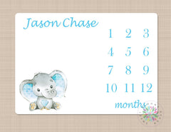 Elephant Milestone Blanket Light Blue Personalized Monthly Baby Boy Elephants Blanky Nursery Decor Baby Shower Gift Growth Tracker B459