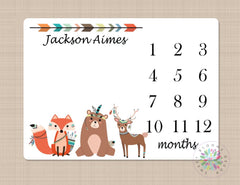 Tribal Woodland Milestone Blanket Boho Arrows Monthly Growth Tracker Baby Blanket Fox Deer Bear Blanket Baby Bedding Baby Shower Gift 460