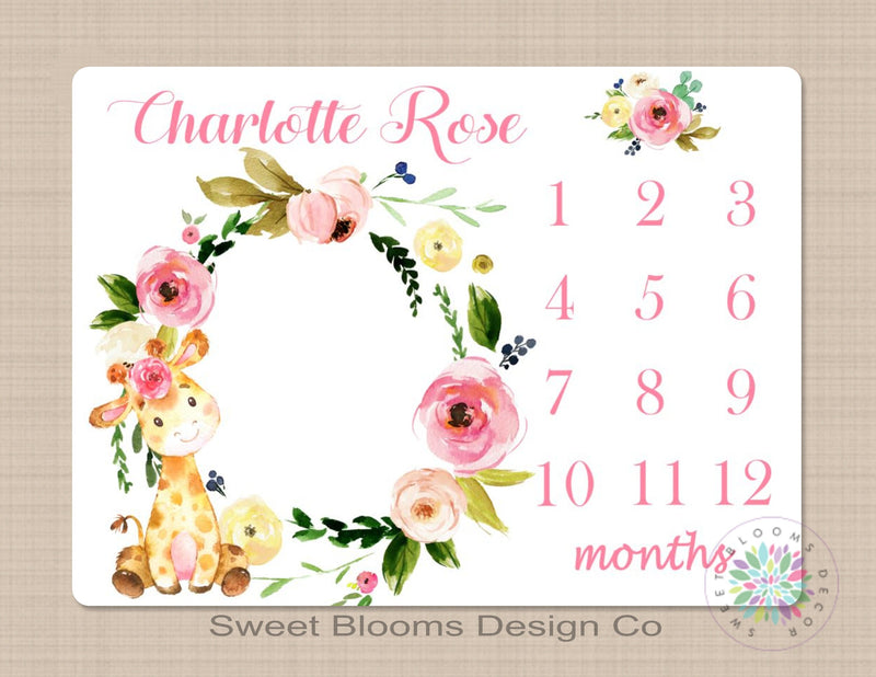 Giraffe Floral Milestone Blanket Pink Coral Girl Animals Monthly Growth Tracker Newborn Baby Name  Wreath Flowers Baby Shower Gift B463