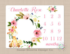 Giraffe Floral Milestone Blanket Pink Coral Girl Animals Monthly Growth Tracker Newborn Baby Name  Wreath Flowers Baby Shower Gift B463