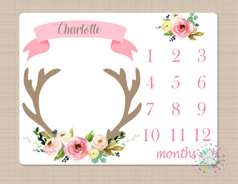 Deer Antler Girl Milestone Blanket Pink Flowers Monthly Growth Tracker Floral Deer Blanket Newborn Baby Girl Floral Blanket Baby Gift B440