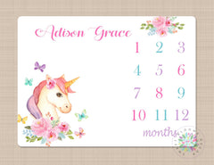 Unicorn Milestone Blanket Monthly Growth Tracker Unicorn Floral Newborn Baby Girl Blanket Unicorn Horse Baby Shower Gift Nurery Bedding B448