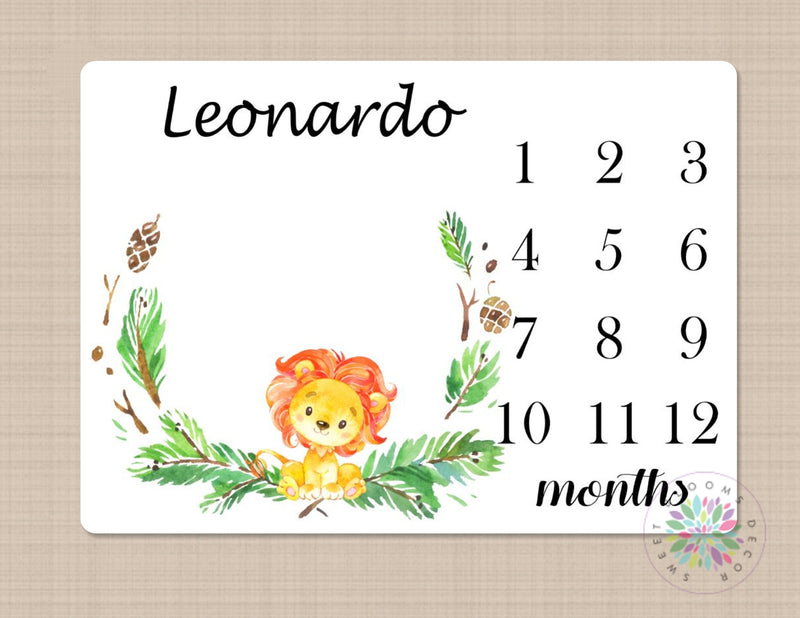 Lion Milestone Blanket Monthly Growth Tracker Baby Boy Green Leaves Forest Safari Animals Baby Bedding Nursery Decor Shower Gift B455