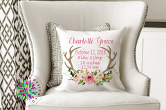 Deer Antler Birth Announcement Pillow Personalized Birth Stats Throw Pillow Deer Floral Baby Girl Shower Gift Nursery Decor 147