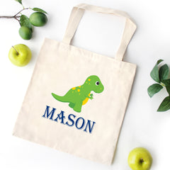 Dinosaur TOTE BAG T Rex Personalized Kids Canvas School Bag Custom Preschool Daycare Toddler Boy Beach Tote Bag Birthday Gift Library  T101