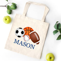 Sports Tote Bag Soccer Basketball Baseball Personalized Kids  Custom Preschool Daycare Toddler Beach ToteBag Birthday Gift Library T113