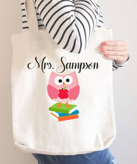 Teacher Tote Bag Personalized Name Birthday Gift Owl Books Apple Teacher Gift Library Bag Gifts for Teacher T116