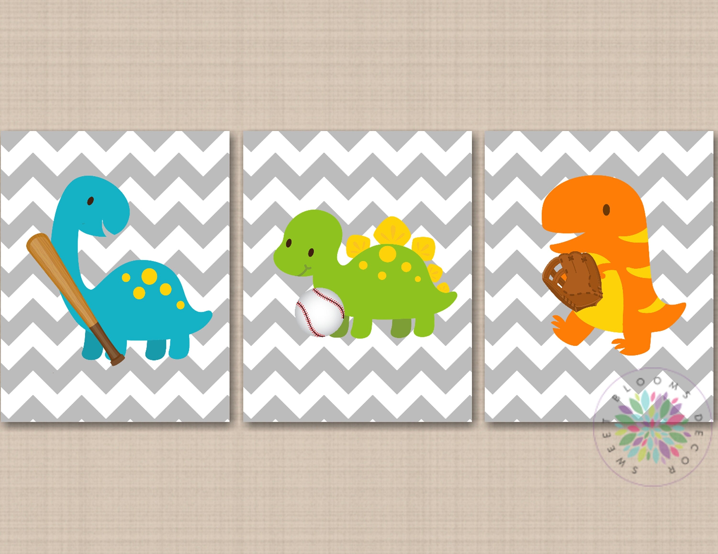 Dinosaurs Sports Nursery Wall Art Baseball Bat Chevron Teal Blue