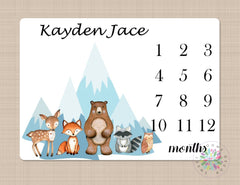 Woodland Milestone Blanket Woodland Forest Animals Mountain Newborn Monthly Blanket Growth Tracker Nursery Bedding Baby Boy Shower Gift B501