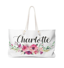 Floral Tote Bag Personalized Weekender Name Pink Flowers Wedding Bride Bridesmaid Mother of the Bride Girl Gift Watercolor Wreath T123