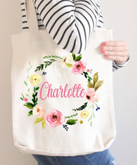 Floral Tote Bag Personalized Name Birthday Pink Flowers Canvas Wedding Bride Bridesmaid Mother of the Bride Girl Gift Watercolor Wreath