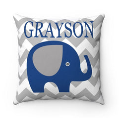 Elephant Nursery Throw Pillow Navy Blue Gray Chevron Elephants Baby Room Decor Elephant Baby Shower Gift Decorative Name Pillow 156