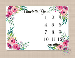 Girl Floral Milestone Blanket Personalized Pink Magenta Burgundy Red Purple Flowers Wreath Newborn Baby Girl Name Baby Shower Gift B515