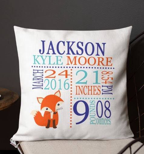 Fox Birth Announcement Pillow Personalized Birth Stats Throw