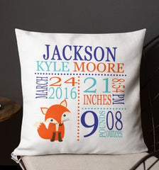 Fox Birth Announcement Pillow Personalized Birth Stats Throw Pillow Baby Shower Gift Woodland Baby Boy Nursery Decor  Orange Navy Teal P108