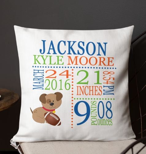 Puppy Dog Birth Announcement Pillow Sports Personalized Birth Stats Throw Pillow Baby Shower Gift  Football Baby Boy Nursery Decor  P103