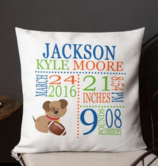 Puppy Dog Birth Announcement Pillow Sports Personalized Birth Stats Throw Pillow Baby Shower Gift  Football Baby Boy Nursery Decor  P103