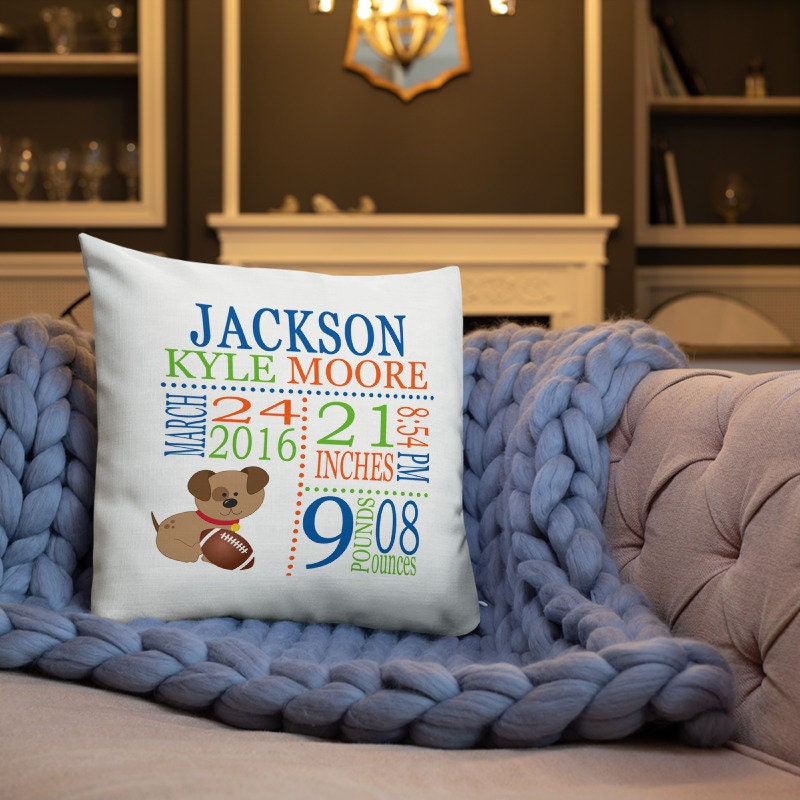 Puppy Dog Birth Announcement Pillow Sports Personalized Birth Stats Throw Pillow Baby Shower Gift  Football Baby Boy Nursery Decor  P103