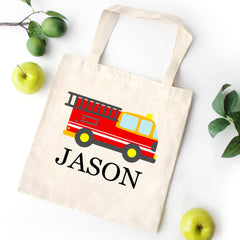 Fire Truck Tote Bag Fireman Personalized Kids Canvas School Bag Custom Preschool Daycare Toddler Beach Tote Bag Birthday Gift LibraryT105