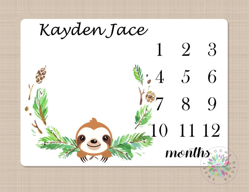 Sloth Milestone Blanket Monthly Growth Tracker Baby Shower Gift Newborn Personalized Monthly Baby Boy Nursery Decor Baby Shower Gift B517