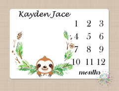 Sloth Milestone Blanket Monthly Growth Tracker Baby Shower Gift Newborn Personalized Monthly Baby Boy Nursery Decor Baby Shower Gift B517