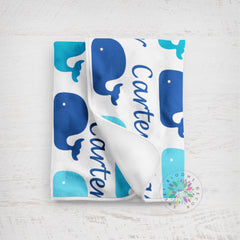 Whales Baby Name Blanket Navy Blue Light Blue Personalized Newborn Baby Monogram Baby Shower Gift Fish Ocean B521