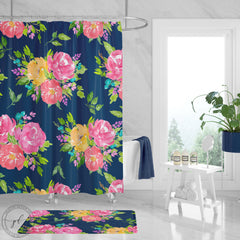 Floral Shower Curtain Watercolor Pink Navy Blue Yellow Flowers Girl Bathroom Bath Mat Towel Modern Shower Curtain Guest Bathroom S130