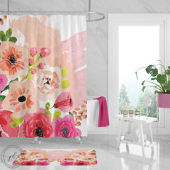 Floral Shower Curtain Watercolor Pink Peach Red Flowers Girl Bathroom Curtain Bath Mat Towel Modern Shower Curtain Guest Bathroom S128