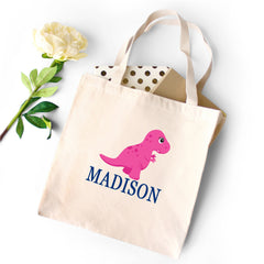 Dinosaur TOTE BAG T Rex Personalized Kids Canvas School Bag Custom Preschool Daycare Toddler Girl Beach Tote Bag Birthday Gift Library  T121