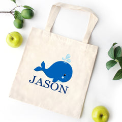 Whale TOTE BAG Fish Personalized Kids Canvas School Bag Custom Preschool Daycare Toddler Boy Beach ToteBag Birthday Gift Library  T109