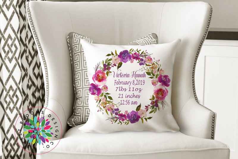 Girl Birth Announcement Pillow Personalized Birth Stats Throw Pillow Pink Purple Watercolor Floral Wreath Baby Shower Gift Nursery Decor 158