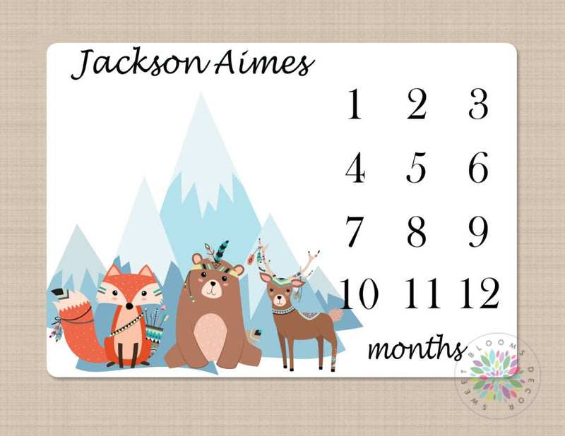 Woodland Tribal Milestone Blanket Monthly Growth Tracker Forest Animals Mountains Arrows Newborn Nursery Bedding Baby Boy Shower Gift B500