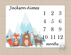 Woodland Tribal Milestone Blanket Monthly Growth Tracker Forest Animals Mountains Arrows Newborn Nursery Bedding Baby Boy Shower Gift B500