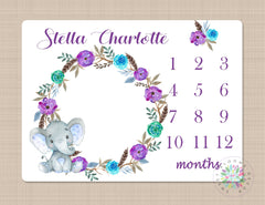 Boho Floral Milestone Blanket Elephant Monthly Blanket Baby Girl Watercolor Lavender Teal Purple Wreath Flowers Baby Shower Gift B535