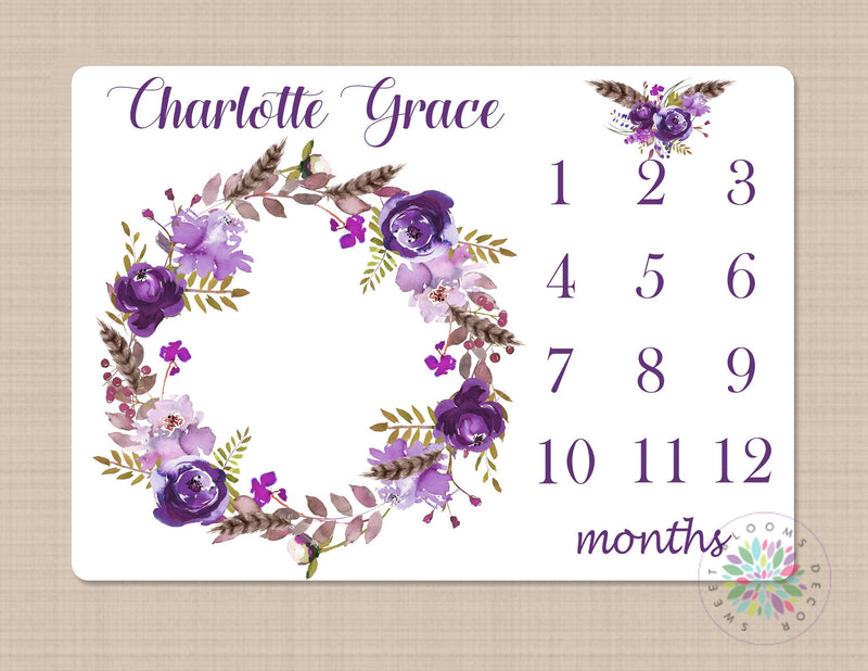 Boho Floral Milestone Blanket Wreath Feathers Baby Blanket Purple Flowers  Monthly Growth Tracker Newborn Baby Girl Baby Shower Gift B536