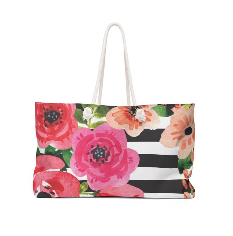 Floral Tote Bag Personalized Weekender Name Pink Black Flowers Wedding Bride Bridesmaid Mother of the Bride Girl Gift Watercolor Wreath T124