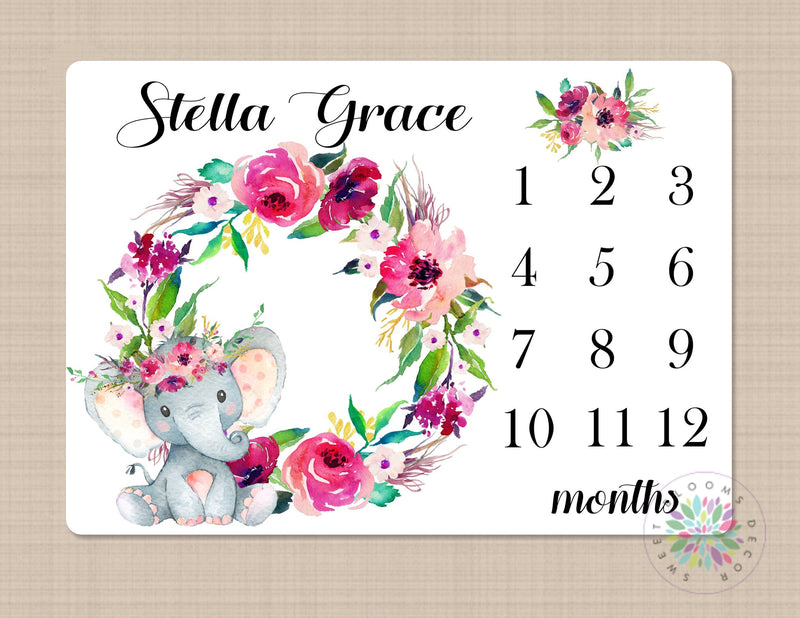 Elephant Milestone Blanket Personalized Pink Watercolor Flowers Wreath Monthly Growth Photo Prop  Baby Girl Name Baby Shower Gift B543