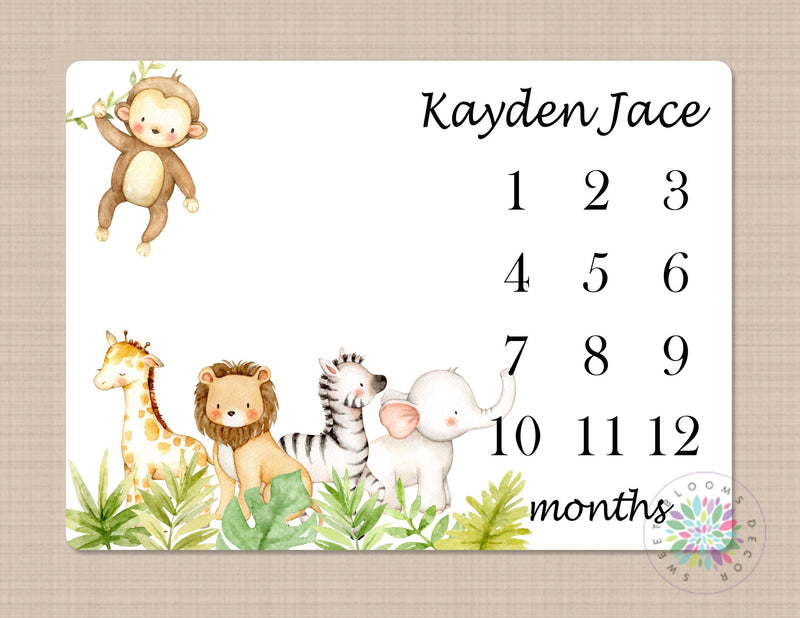 Safari Animals Milestone Blanket Monthly Growth Tracker Personalized Monogram Blanket Jungle Boy Girl Animals Newborn Baby Shower Gift B562