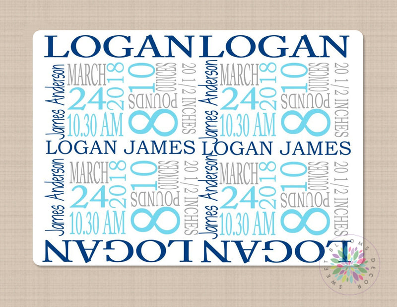 Personalized Baby Boy Name Blanket Birth Announcement Navy Blue Gray Birth Stats Custom Name Newborn Monogrammed Baby Shower Gift  B511
